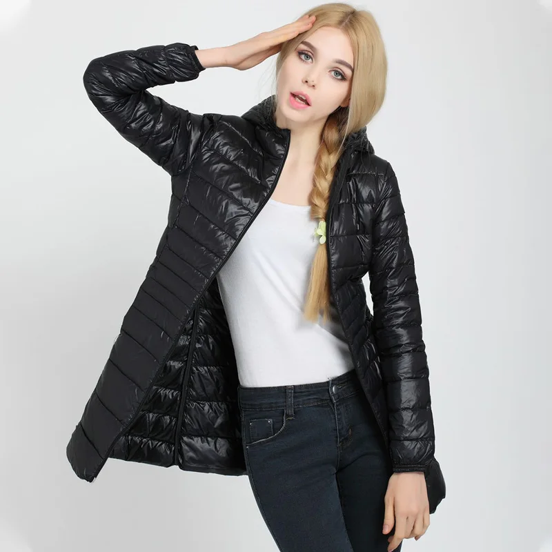 Black Hooded S-7XL, Женская куртка, длинный пуховик с капюшоном, верхняя одежда размера плюс, ультралегкий пуховик, осенне-зимняя куртка, повседневное теплое пальто, YD-12 - Цвет: Black Hooded
