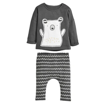 

Cartoon Polar Bear Printing Long Sleeve Top Striped Trousers Set Round Neck Top with Long Pants Breathable Children Clothes