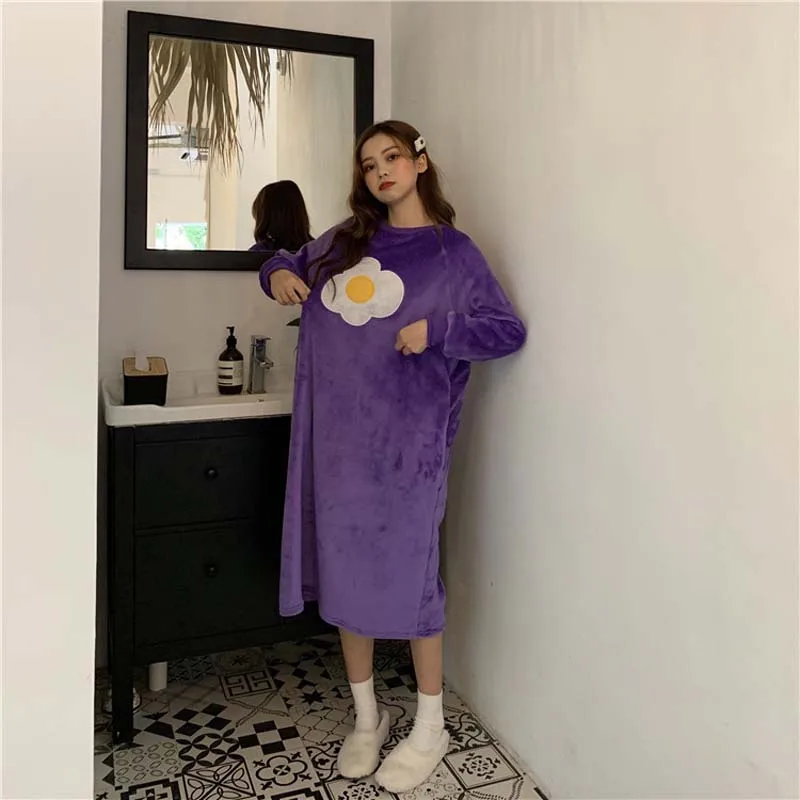 purple Зимний женский халат, удобная, милая, с вышивкой, с фруктовым узором, с длинным рукавом, свободная ночная рубашка, мягкая ночная рубашка, домашняя одежда - Цвет: purple