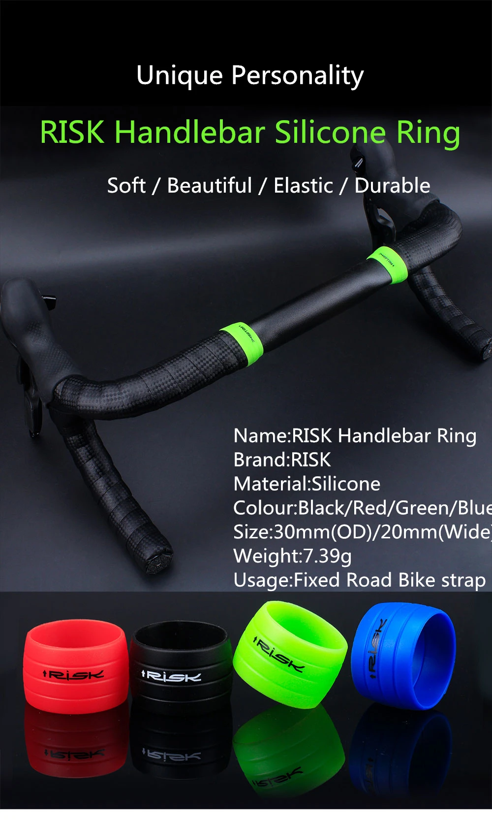 Description Picture 2 of item2pcs RISK Bicycle Bike Handlebar Strap Tape Fixing Silicone Ring Anti-Skip Rubber Sleeve Loops Collar