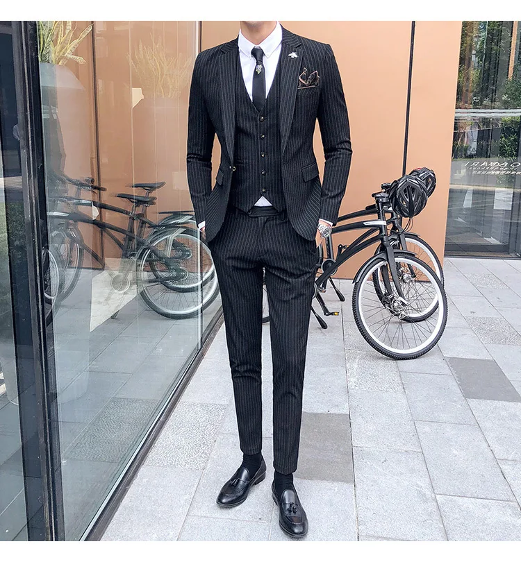 New Men's British Style Gentleman Suit Three-piece Groom With The Scorpion Host Stripe Korean Version Of The Suit