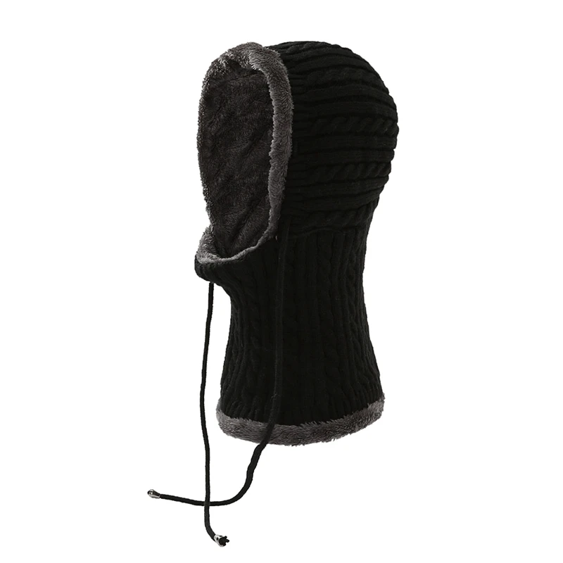 Knitted Balaclava Autumn Winter Fleece Lined Skull Cap Drawstring Fluffy Face Mouth Mask Scarf Hat For Women Men - Цвет: B