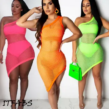 

Womens Summer Casual Mesh One Shoulder Evening Party Beach Cover Up Lady Short Mini Sundress