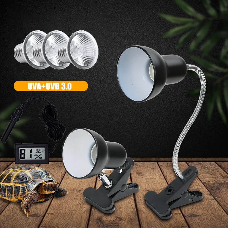 UVA+UVB 3.0 Reptile Lamp Holder Set with Clip-on Thermometer Hygrometer Lizard Turtle Tortoises Basking Heating Bulb 220V