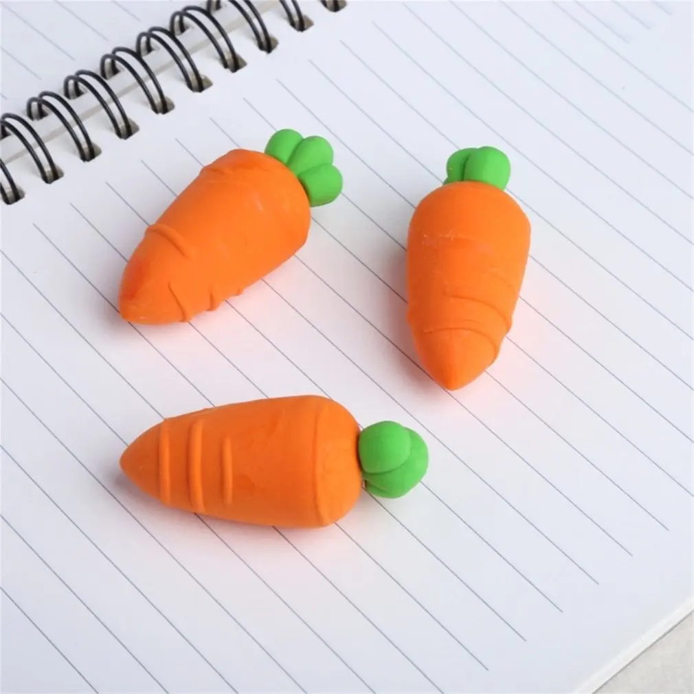 3pcs Lovely Carrot Pencil Erasers Cartoon Rubber Drawing Erasers Students Stationery School Office Supplies Kids Toys Wholesale
