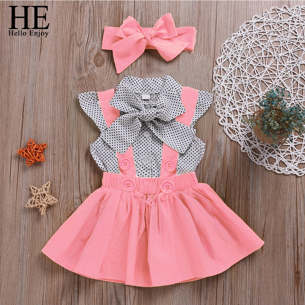 Shirt Clothes-Sets Dresses Hello Enjoy Baby-Girls Kids Summer Pink Headband Strap Flying-Sleeve