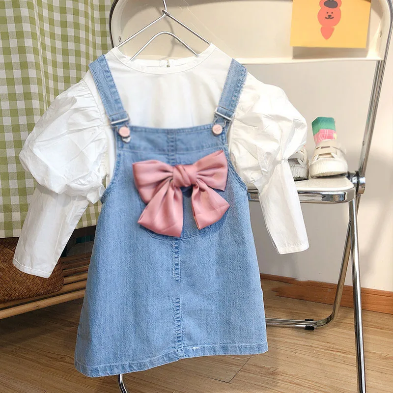 

Autumn New Girls' Clothing Sets Puff Sleeve Top And Big Bow Denim Strap Skirt 2Pcs Children Clothes Outfits Baby Kids Suit