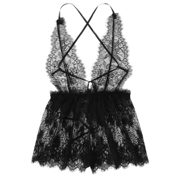

Women's Lace Cutout One-piece Underwear Pajamas Sexy Lingerie Halter Plunging Bodysuit Sleep wear Set 2