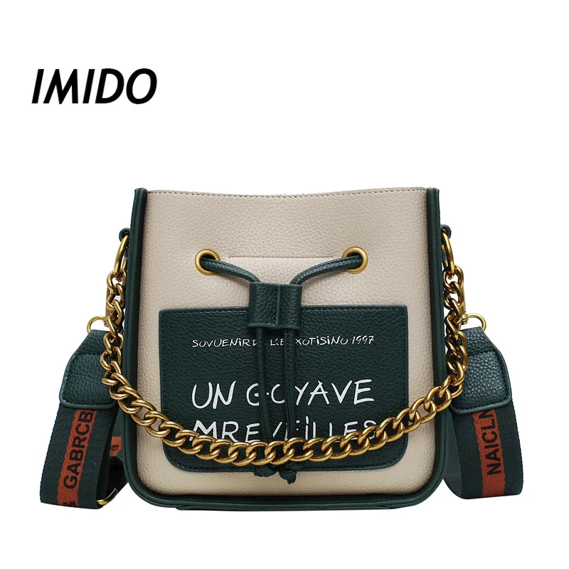 

Letter printing rope opening bucket bags PU+ Metel Chain 4colors Letter luxury women bag PU drawstring bag