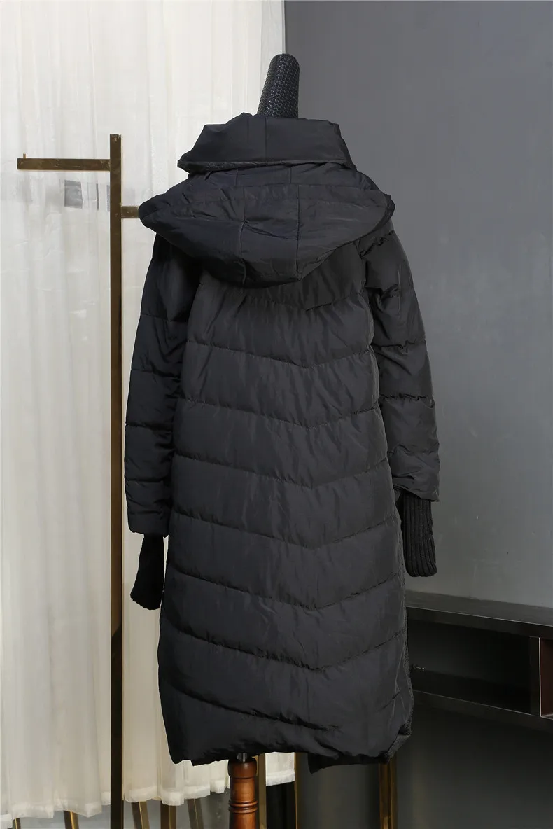Black And White with Pattern WOMEN'S down Jacket Hooded Coat Autumn And Winter New Style Origional Pleated Loose White Duck down