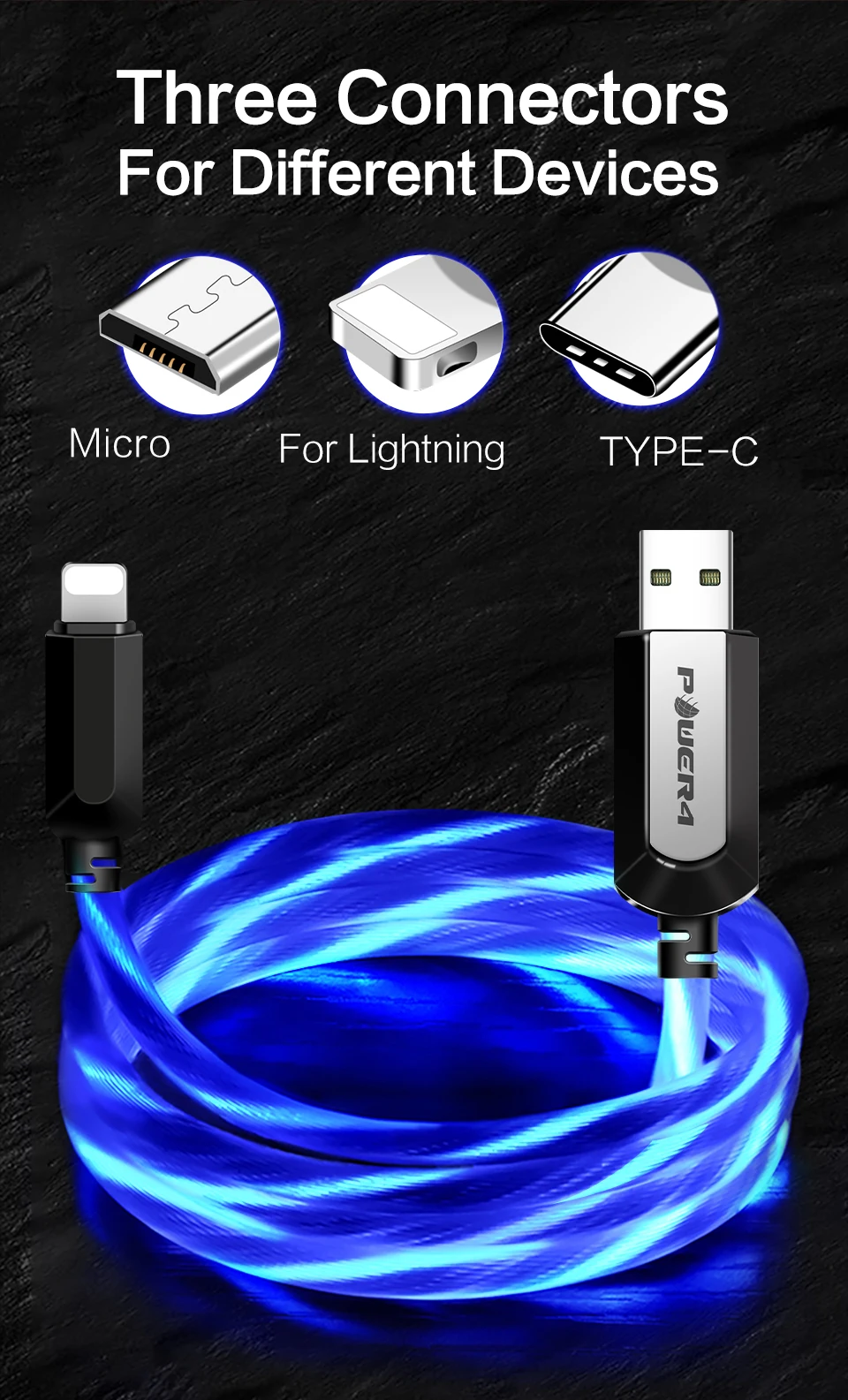 Power4 с подсветкой USB кабель для микро три разъема дополнительно для Lightining кабель светящийся/микро USB-C кабели