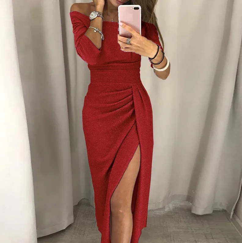 Red Сексуальное платье с открытыми плечами, вечерние платье Для женщин Высокий разрез Bodycon коктейль платье осень три четверти рукав рубашки Яркий шелковый Блестящий Платье - Цвет: Red
