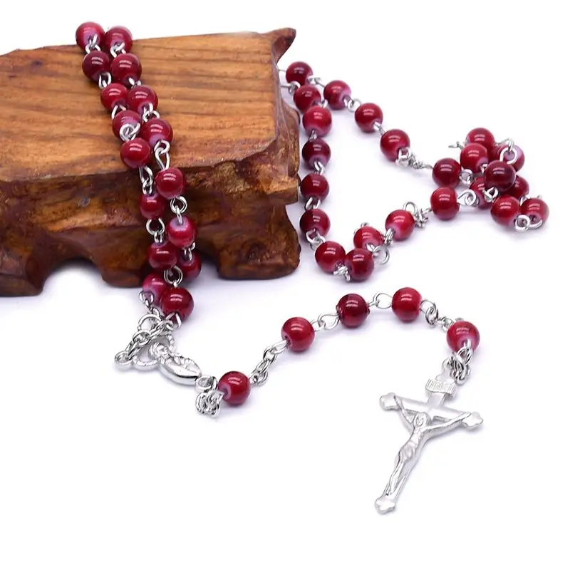 6 мм стеклянные четки бусины Иисус крест кулон ожерелье Шарм цепь ювелирные изделия Христос
