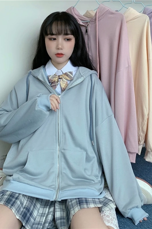 Japanese Sweet Girl Casual Loose Solid Color Sweater Jacket Student New Autumn All-match Hooded Long-Sleeved school sweater