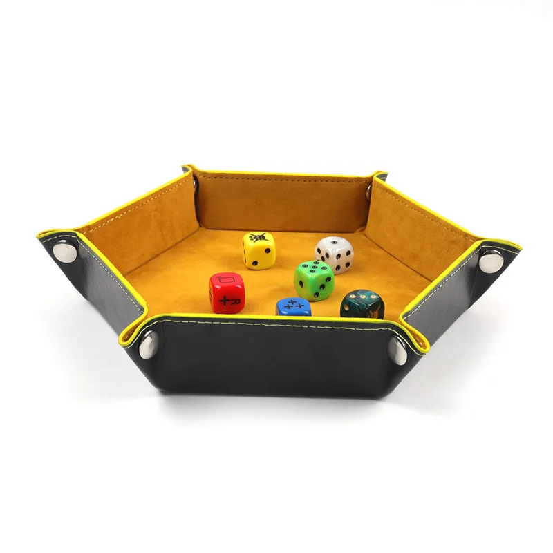 PU Leather Velvet Folding Hexagon Dice Tray Collapsible Rolling Board Game Storage Box Home Sundries Storage Tray 17.5cm