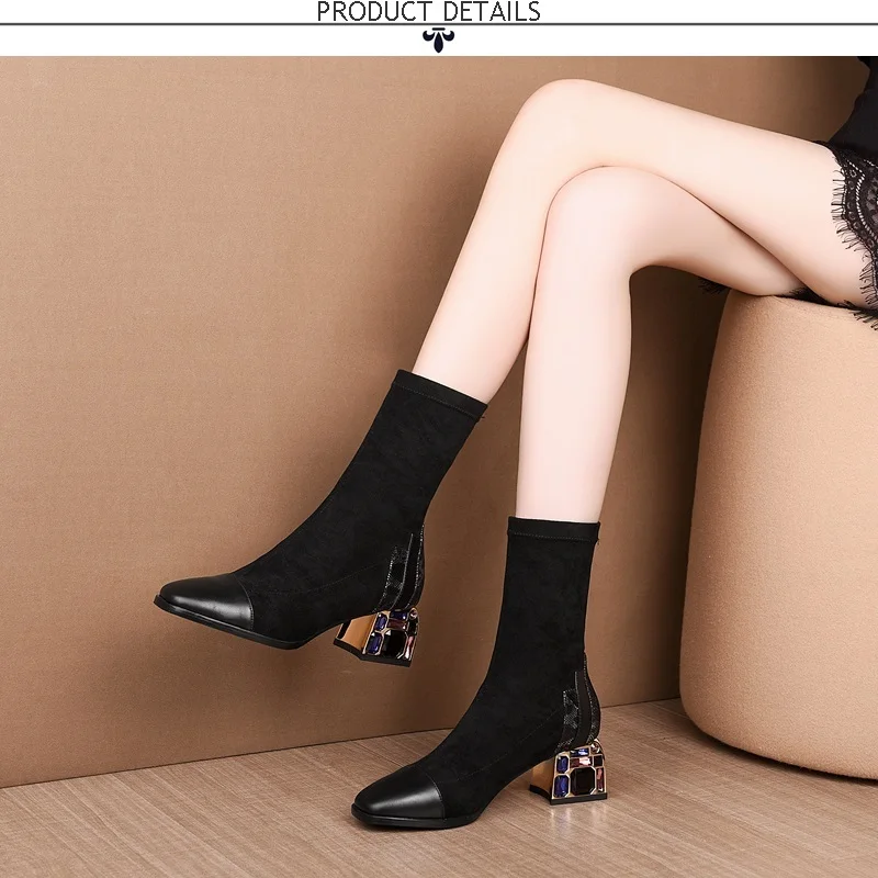 ZVQ/модные брендовые ботильоны; рубиновый кристалл; женская обувь на каблуке со стразами; осенние ботинки из натуральной коровьей кожи с эластичной тканью