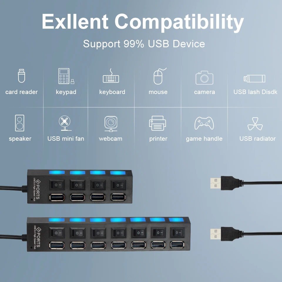 Микро USB концентратор 2,0 Мульти USB порт 4/7 порты концентратор Высокоскоростной usb-порт Hab с переключателем включения/выключения USB разветвитель для ПК Компьютерные аксессуары