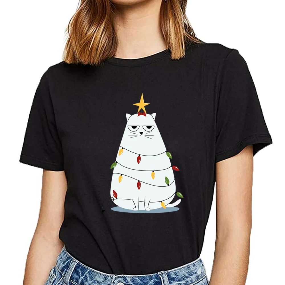 Топы футболка женская grumpy Рождество кошка модная белая короткая