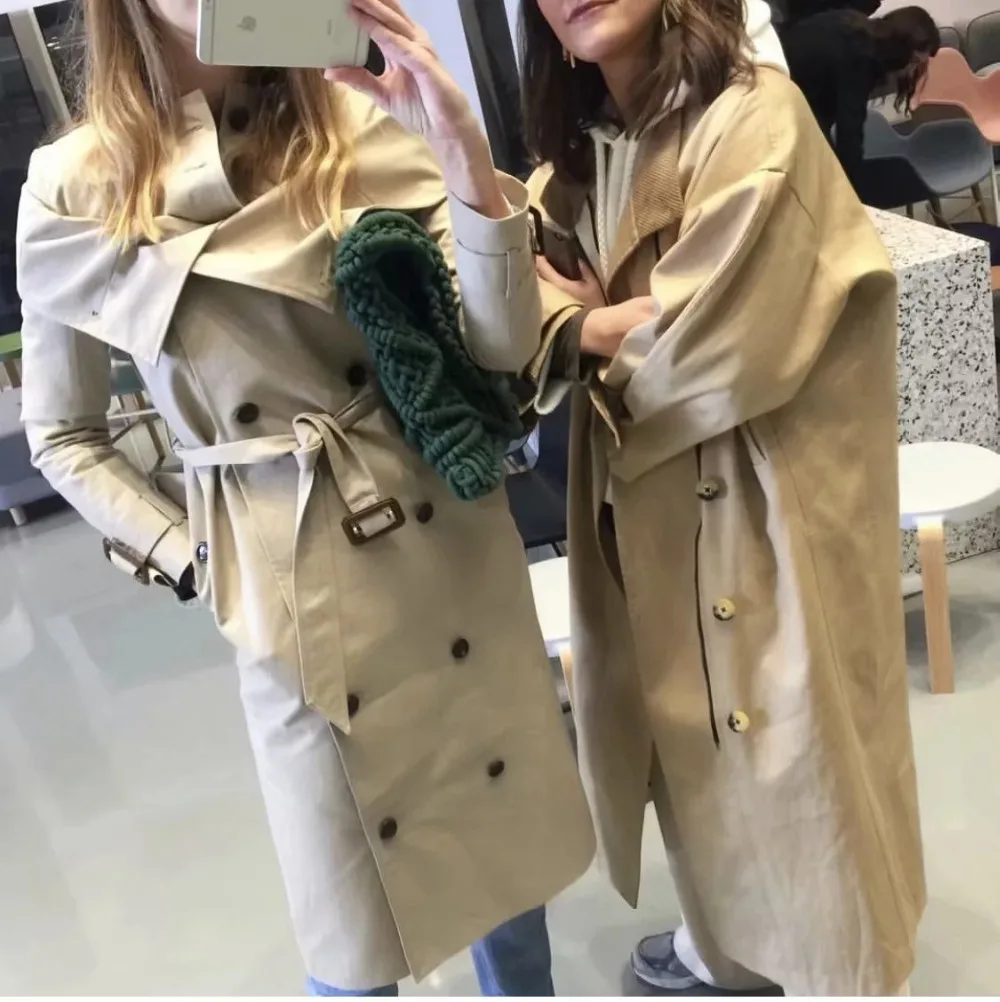 Увядший зимний Тренч, пальто для женщин, английская мода, блогер, Ретро стиль, большие карманы, негабаритный ассиметричный стиль, длинное пальто для женщин