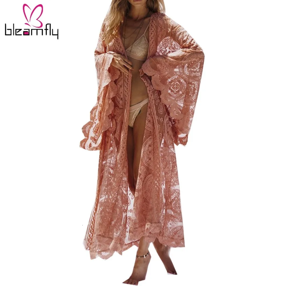 Женское кружевное длинное кимоно Boho осенне-летняя блузка с длинным рукавом