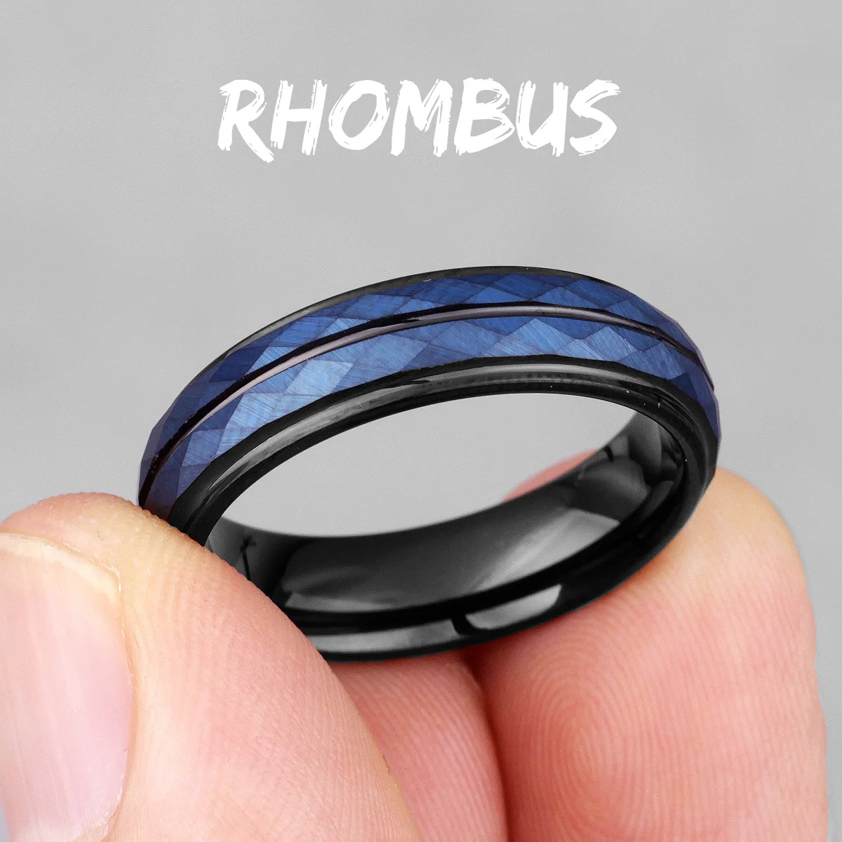 Tungsten Black Blue Rhombus Cut Men's Luxury Ring - Elegant Charm Jewelry Gift