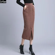 Для женщин, осенне-зимние, вязаные, теплые свитера юбки женский Высокая Талия Разделение один шаг Облегающие юбки новые офисные юбки