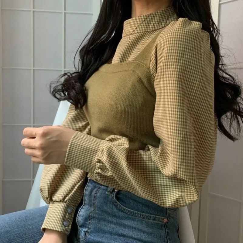 2020 Autumn New Ins Street Younger Fashion College Style All-match Stand Collar Retro Plaid Shirt + Knitted Vest Two Pieces