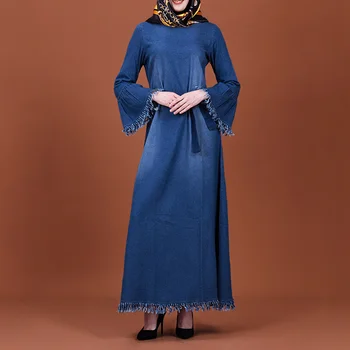 

Women Fashion Long Dress Denim Kaftan Vintage Ankle-Length High Waist Abaya Jilbab Muslim Maxi Dress Plain Islamic Clothings 2XL