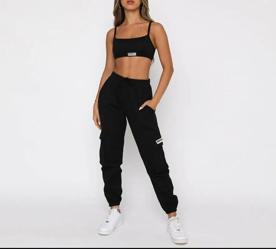 Women Gym Workout Tracksuit 2pcs Sweat Suit Fashion Sports Suits Gray Black Color Two Piece Pants Sets WomensCamis + Sweatpants |