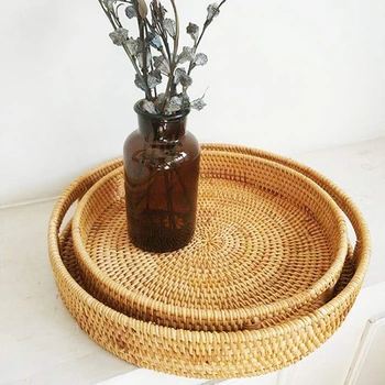 

Round Hand-Woven Rattan Bread Baskets Storage Tray With Handle For Food Serving Dinner Parties Coffee Breakfast