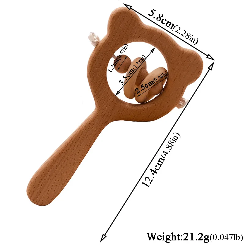 Wooden Rattle Beech Bear Hand Teething Wooden Ring Baby Rattles Play Gym Montessori Stroller Toy Educational Toys