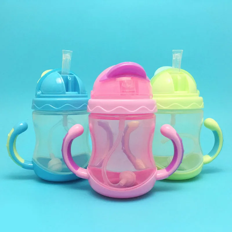 240/330ml Baby Cup Cute Children Learn Drinking Water Straw Handle Bottle Training Drink School Food Milk Bottles