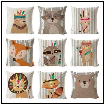 

Cartoon Animal Print Pillow Cover Bear Fox Linen Pillowcase Children's Room Kindergarten Cushion Cover Chair Sofa Case