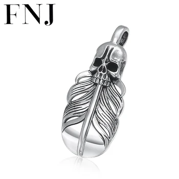 

FNJ Punk Feather Skull Pendant 925 Silver Original Pure S925 Thai Silver Pendants for Jewelry Making Men