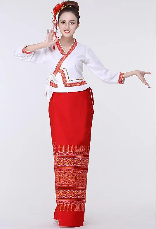 Китайский Dai Национальный женский восемь рукав рабочая одежда посыпки воды фестиваль труба юбка национальный танец представление