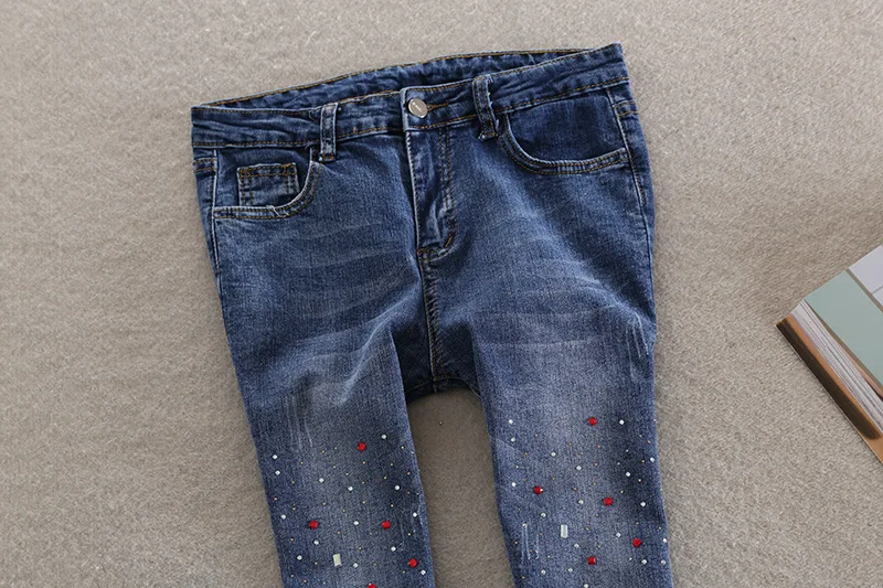 Джинсы, Брюки со стразами, с вышивкой, женские, средняя талия, синие, с принтом, расклешенные 2019, тонкие, большие размеры, джинсы для женщин