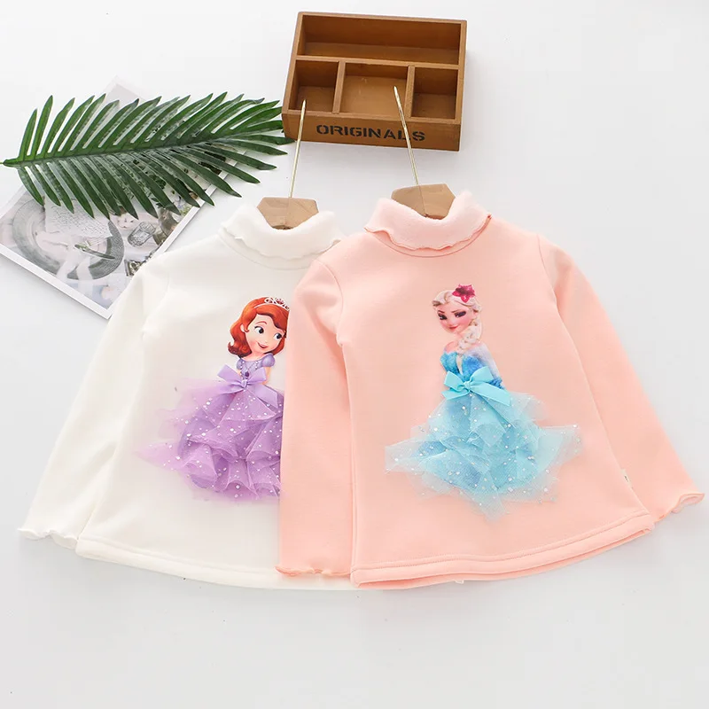 Плотная Осенняя футболка принцессы для девочек; Детские хлопковые футболки с изображением Эльзы; зимние Бархатные Топы с объемной аппликацией из страз; Детские нарядные облегающие Топы