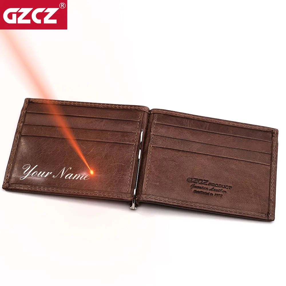 GZCZ Genuine Leather Slim Mens Credit Card Wallet Money Clip Simple Design Male Bifold Purse Mini Clamp For Money Case