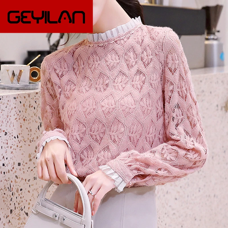 

Women blouses 2020 New Stand Neck Long Sleeve Lace Shirt Ruffle Flower Young girl Blusas Femininas Elegante Blouse Shirts 617J