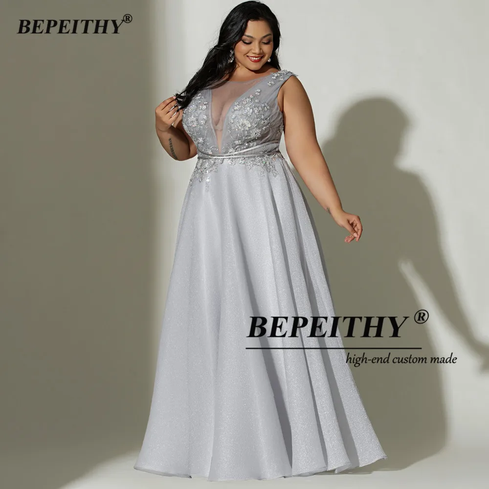 BEPEITHY Gray Long Evening Dresses Sleeveless For Curve Women Sexy Open Back A Line Plus Size Prom Formal Gown 2022 Spring Dress blue ball gown