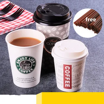 

50pcs High quality disposable coffee paper cup 280ml/400ml/500ml creative cold hot drink takeaway packaging cups with lid