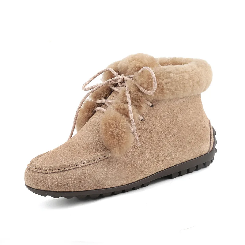 Tanie SWYIVY śniegowe buty zimowe ciepłe krowy zamszowe sznurowane mieszkania Warterproof wysokiej jakości futrzane botki duże rozmiary kobiece płaskie buty