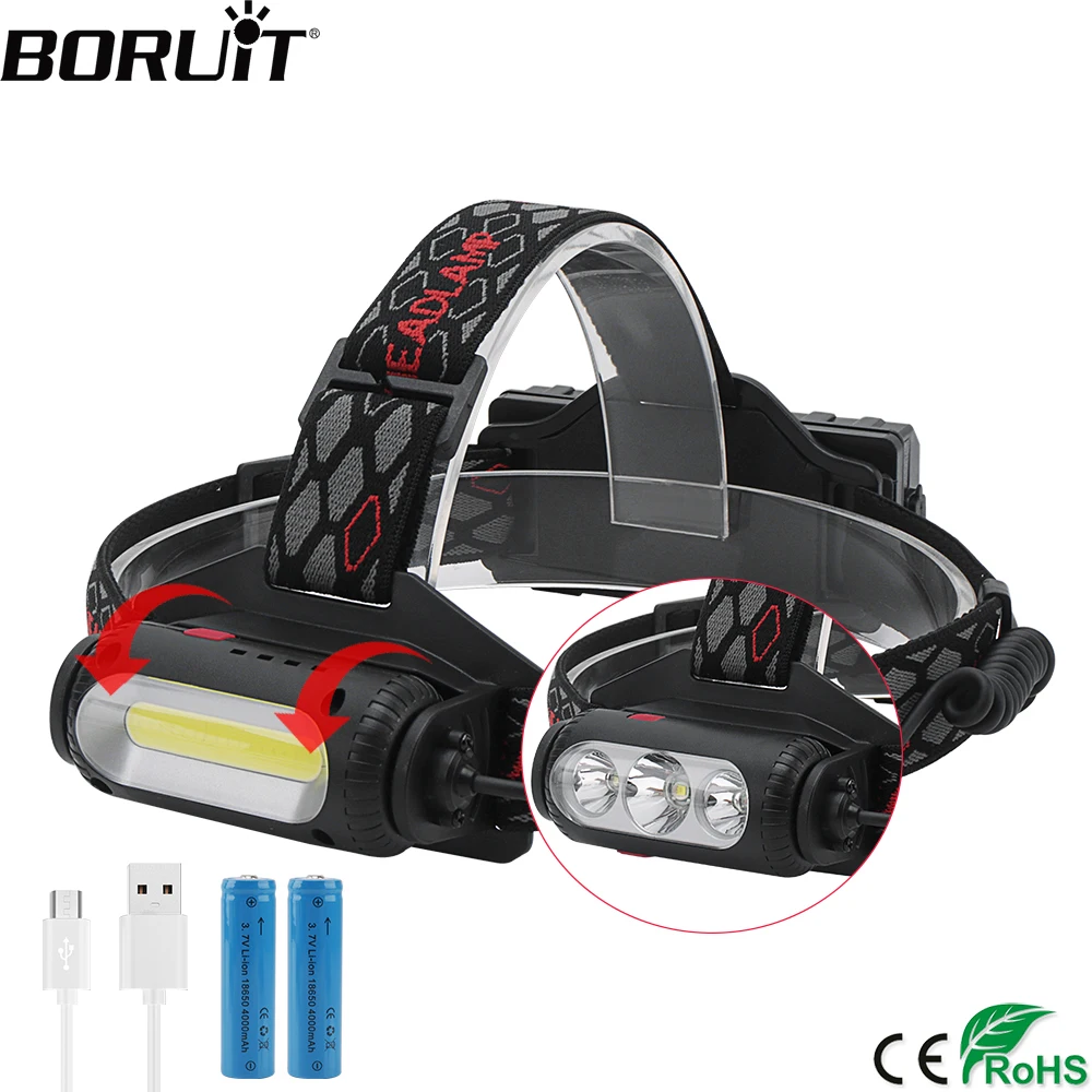 cheap BORUiT T6+XPE+COB LED Headlamp 8 Mode with Red Green Light Headlight USB Rechargeable Head Torch Camping Hunting Flashlight