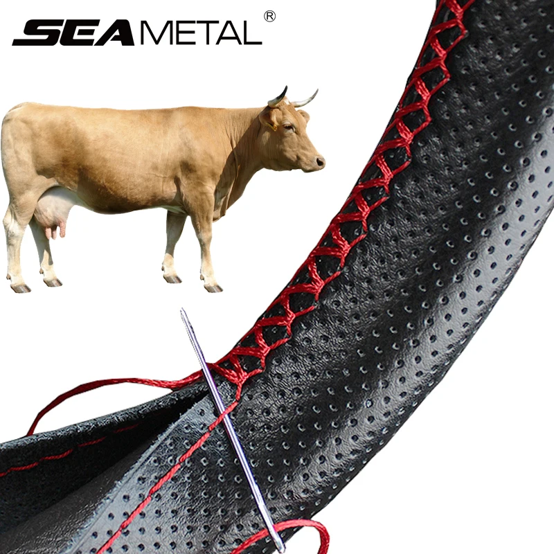 SEAMETAL Genuine Leather Steering Wheel Cover with Needles and Thread DIY Braid Car Steering Wheel Cover For Diameter 37-38cm 1 SEAMETAL Genuine Leather Steering Wheel Cover with Needles and Thread DIY Braid Car Steering Wheel Cover For Diameter 37-38cm 1