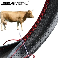 SEAMETAL Genuine Leather Steering Wheel Cover with Needles and Thread DIY Braid Car Steering Wheel Cover For Diameter 37-38cm 1