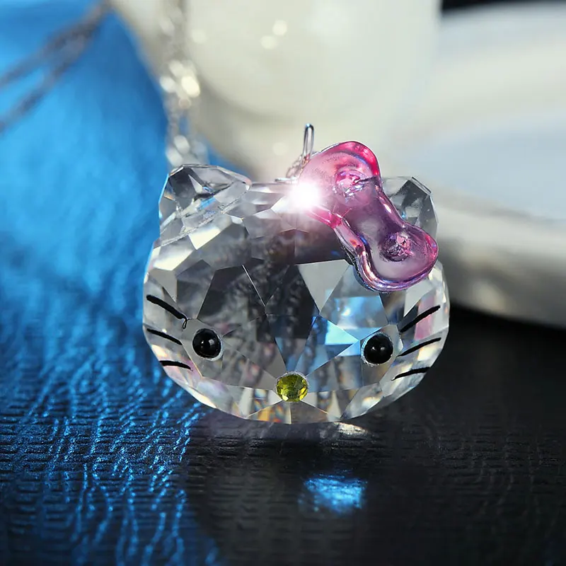 

Silver color Korea KT Crystal Cute hello kitty bow Cat Necklaces Pendant Fashion Jewelry for women neckless Valentine's Day gift