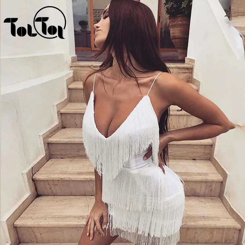 

TolTolQ White Dress Black Red Party Club Mini Dresses Women Backless Elegant V Neck Summer Sexy Dress Tassel
