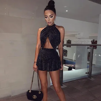 

Hollow Out Halter 2 Piece Set Women Clothing Summer 2020dance Fashion Sexy Club Pullover T-shirt Ruffles Ruched Mini Skirt Black
