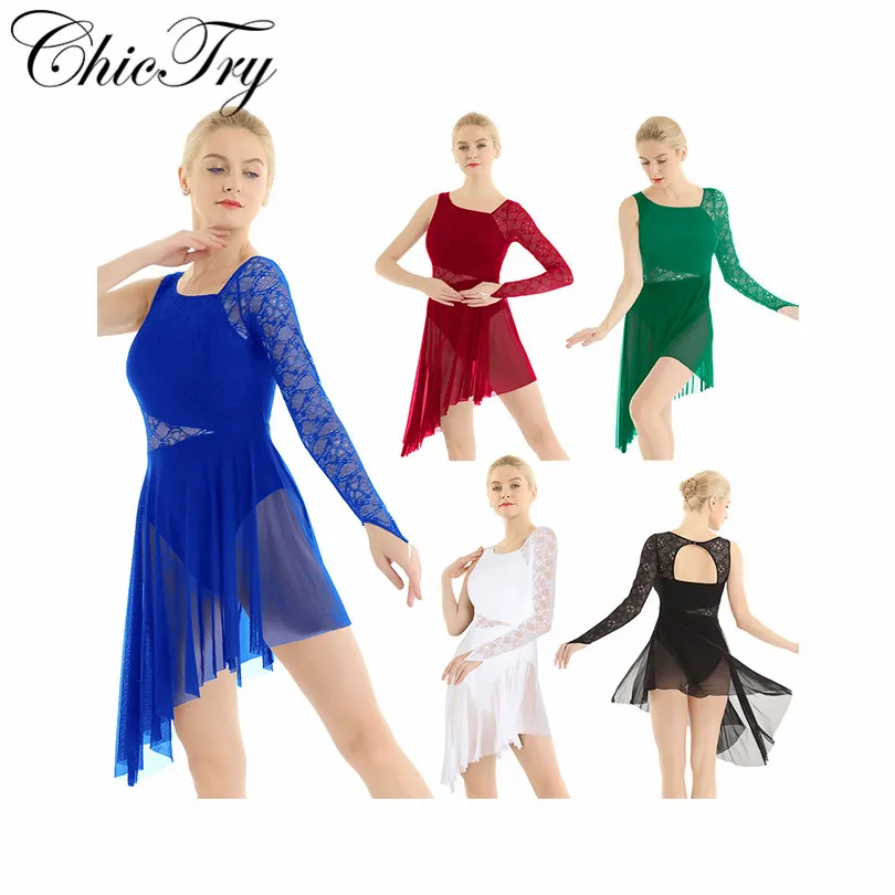 Женское платье для взрослых с длинными рукавами и кружевным лифом, асимметричная танцевальная пачка, платье для лирических современных балетных танцев
