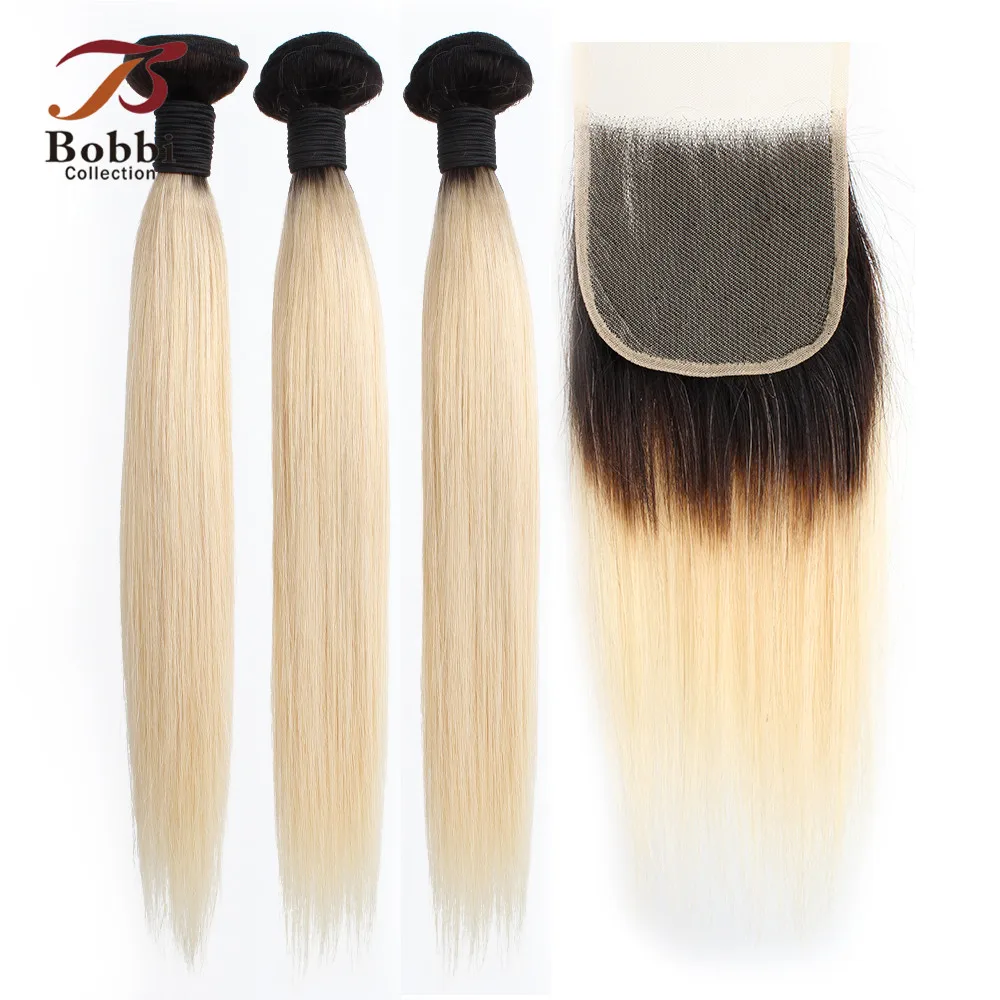 

BOBBI COLLECTION Ombre T 1B 613 Dark Root Platinum Blonde 3/4 Bundles With Closure Brazilian Straight Non Remy Human Hair